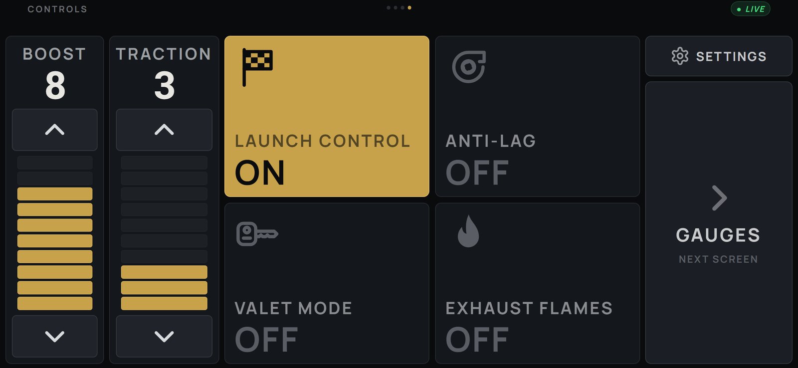 Controls view with on-screen switches and level controls